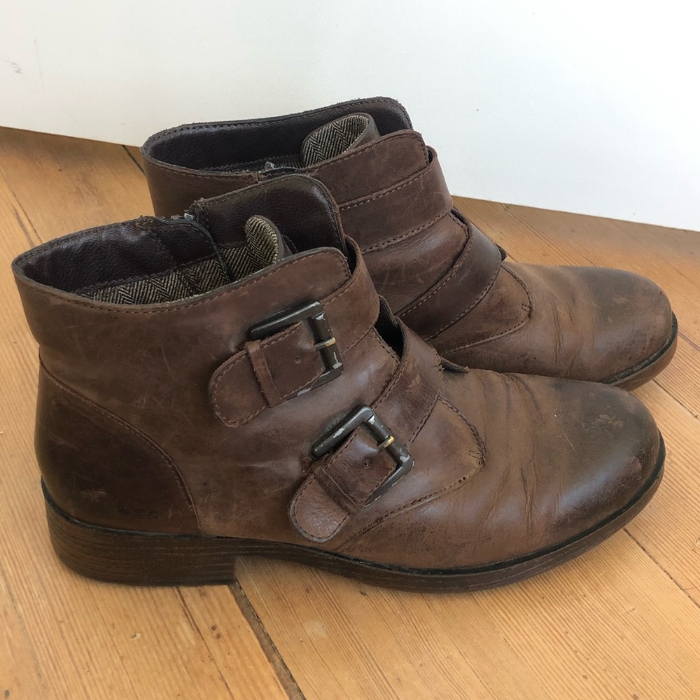 BOC Ankle Boots Booties antique Brown Leather double buckle Block Heel Sz 8.5